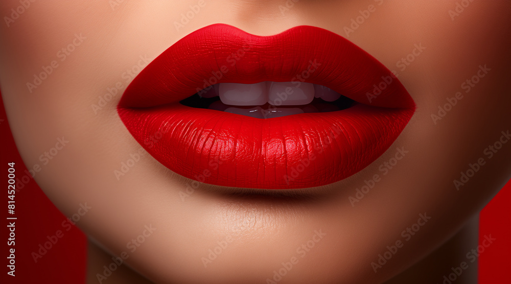 closeup of red lipstick with woman's lips for beauty and cosmetics concept closeup of red lipstick with woman's lips for beauty and cosmetics concept