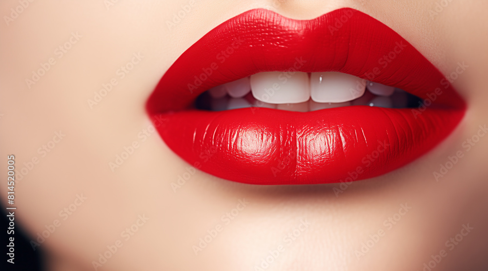 closeup of red lipstick with woman's lips for beauty and cosmetics concept closeup of red lipstick with woman's lips for beauty and cosmetics concept