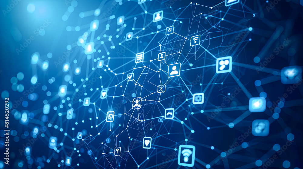 Blockchain network on blue background. 3d rendering toned image double exposure Blockchain network on blue background. 3d rendering toned image double exposure
