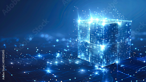 3d rendering of a cube with a blue background and binary code