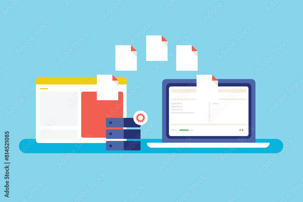 Website migration concept, transferring online business domain data to another server internet technology vector illustration.