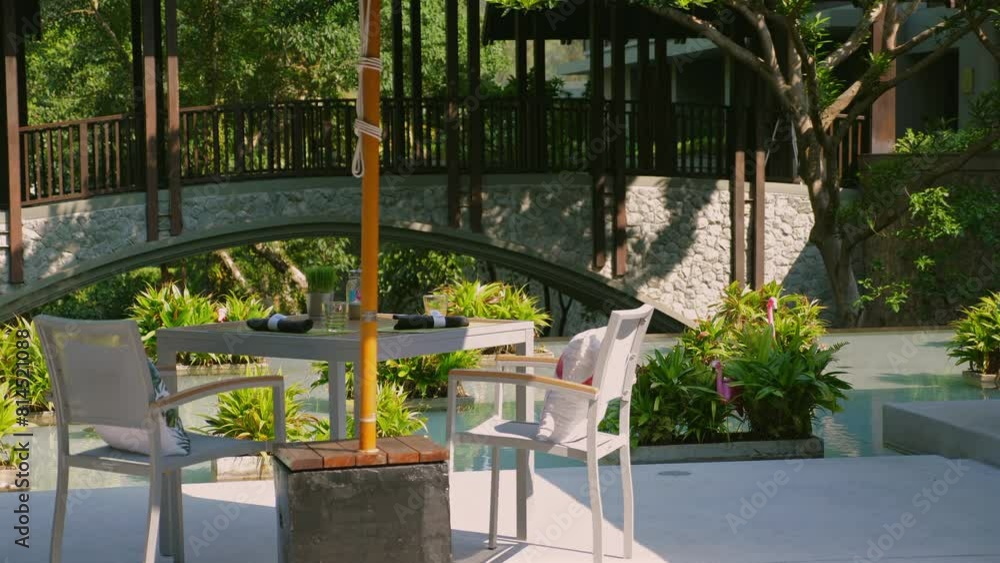 Outdoor restaurant patio seating with modern furniture and lush greenery beside tranquil water feature. Peaceful dining environment. Outdoor restaurant patio seating with modern furniture and lush greenery beside tranquil water feature. Peaceful dining environment.