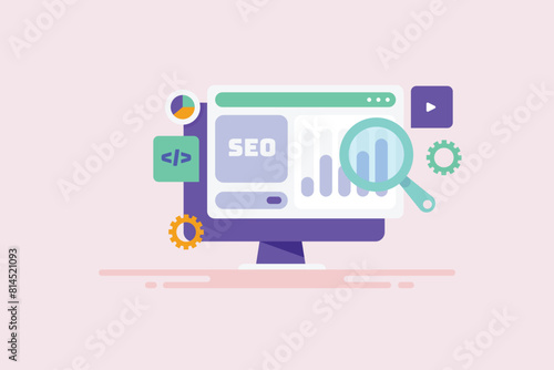 Technical SEO optimization website data analytics coding content development for organic search results vector illustration.