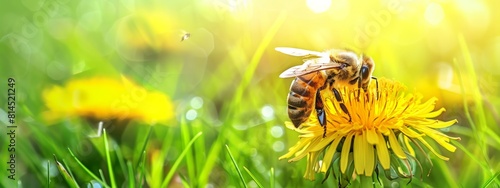 Bees pollinates a yellow dandelion against a background of green grass. blooming yellow flower close-up with a bee. summer nature on the field, a bee makes honey on a flower, nectar bee, banner format