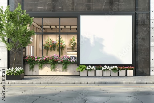 Elegant modern florist shop exterior decorated with vibrant floral displays and stylish design