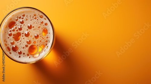 Beer Glass Top View, Unfiltered Lager in Glass, Wheat Beer with Foam, Bubbles on Alcohol Drunk Glass Top. beer bubbles in glass cup and shadows, copy space, conceptual minimalism, flat lay