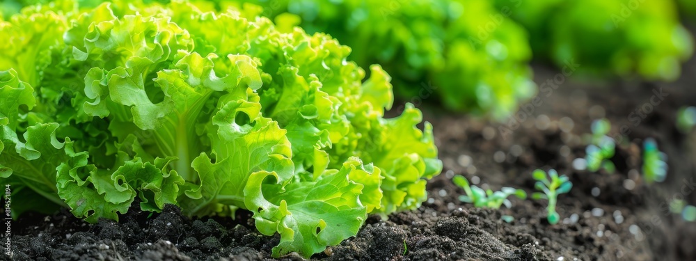 Green Lettuce leaves on garden beds in the vegetable field. Gardening background with green Salad plants in the open ground, banner Green Lettuce leaves on garden beds in the vegetable field. Gardening background with green Salad plants in the open ground, banner