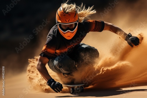 Sand boarding, desert safari. Sandboard. Sandboarding, Guy or girl in dunes with energy, freedom and adrenaline. Orange sand