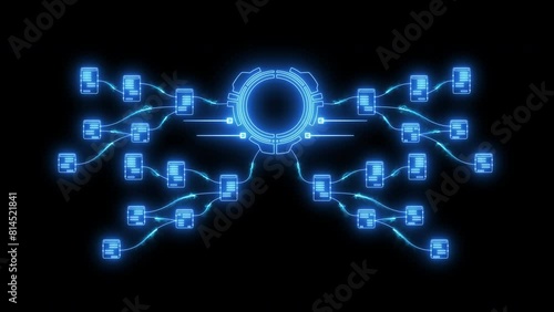 Business process and workflow automation with flowchart. Business and technology concept. Animation of glowing neon line arranging processing management isolated on transparent background.
