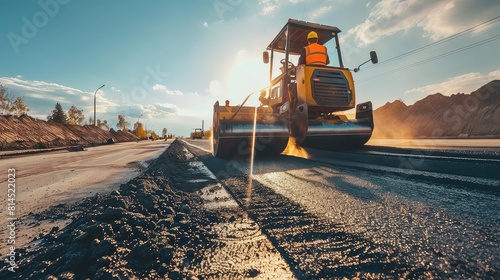 A young, bearded road construction worker operating heavy machinery under the bright sun, laying asphalt on a freshly paved road. photo