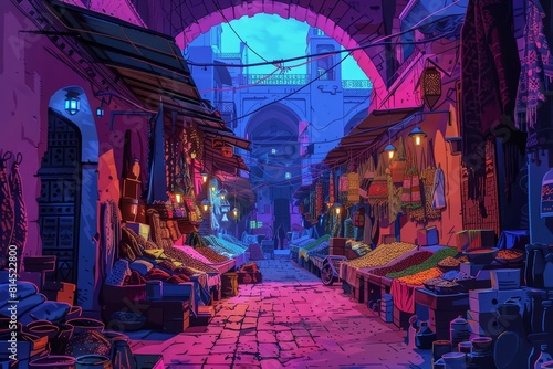 Paper Effect greeting card concept illustration of a vibrant marketplace in Morocco  with stalls brimming with spices and textiles  captured in rich cyberpunk 80s colors