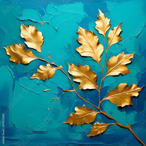 grung gold leaves natures artisty on blue teal background,generate ai photo