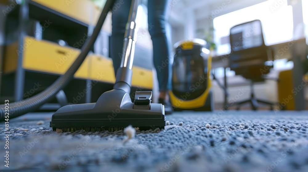 Close-up view of a vacuum cleaner in action on a carpeted floor. Indoor cleaning process captured. Modern home hygiene maintenance. AI Close-up view of a vacuum cleaner in action on a carpeted floor. Indoor cleaning process captured. Modern home hygiene maintenance. AI