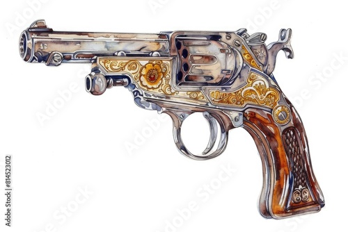 A realistic painting of a gun with a wooden handle. Suitable for various projects