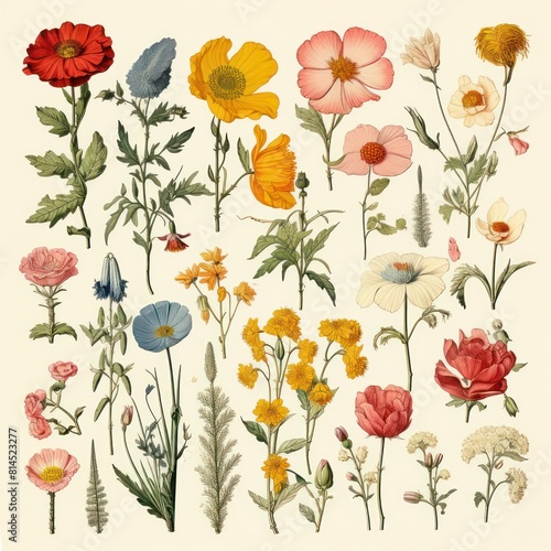 Wallpaper Mural Botany. Set. Vintage flowers. Herbs and Wild Flowers. Colorful illustration in the style of engravings. Torontodigital.ca