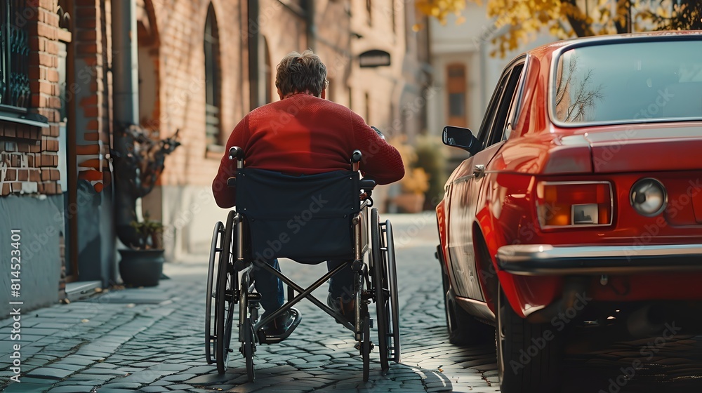 Man in Wheelchair Navigating City Streets Beside Red Car. Independent Life of Disabled Person. Overcoming Challenges with Mobility Aid. AI Man in Wheelchair Navigating City Streets Beside Red Car. Independent Life of Disabled Person. Overcoming Challenges with Mobility Aid. AI