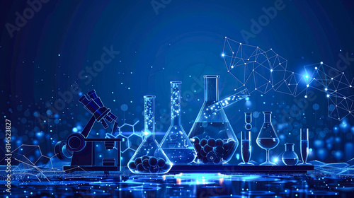 Science laboratory research and development concept. microscope, test tubes and flasks on blue background.