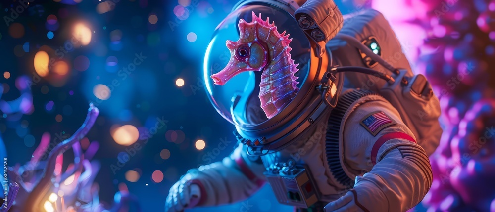 A closeup charismatic half body of a seahorse in an astronaut suit, navigating a holographic space map, with a nebulous deep sea backdrop A closeup charismatic half body of a seahorse in an astronaut suit, navigating a holographic space map, with a nebulous deep sea backdrop