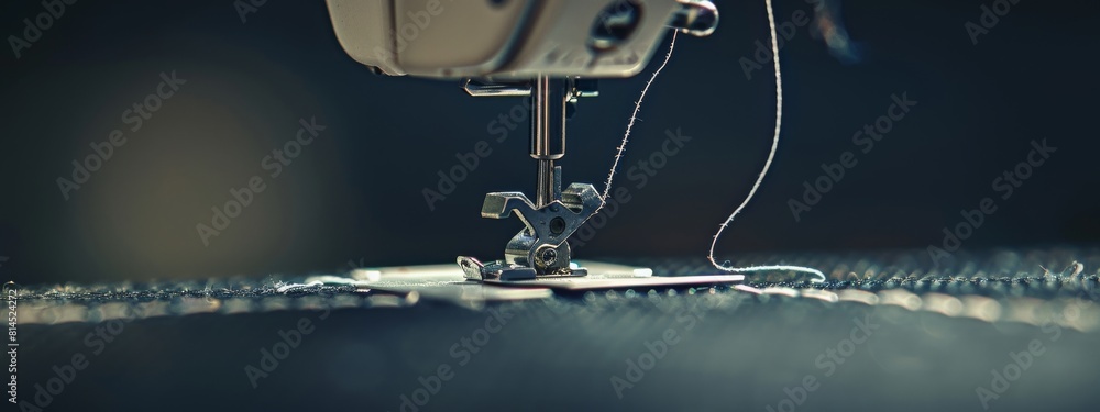 Metal needle of a white sewing machine close-up on a black background. Dark banner for sites about sewing production, needlework.