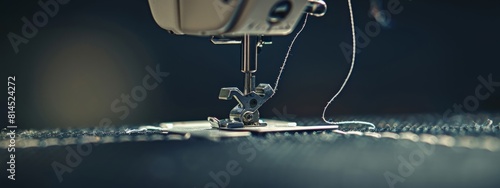 Obraz na płótnie Metal needle of a white sewing machine close-up on a black background. Dark banner for sites about sewing production, needlework. w salonie