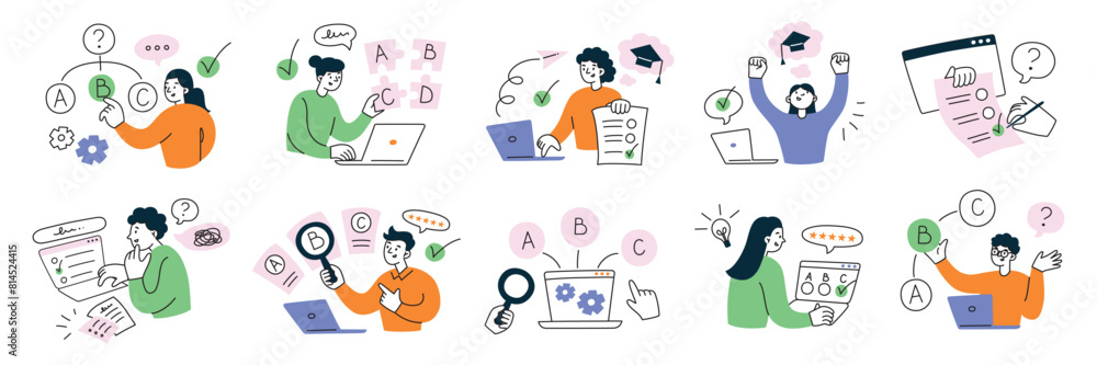 Students passing exams, tests in college, choosing answers on laptop. Distant education. Set of compositions with questions and checkboxes, colored vector illustrations of cartoon people Students passing exams, tests in college, choosing answers on laptop. Distant education. Set of compositions with questions and checkboxes, colored vector illustrations of cartoon people