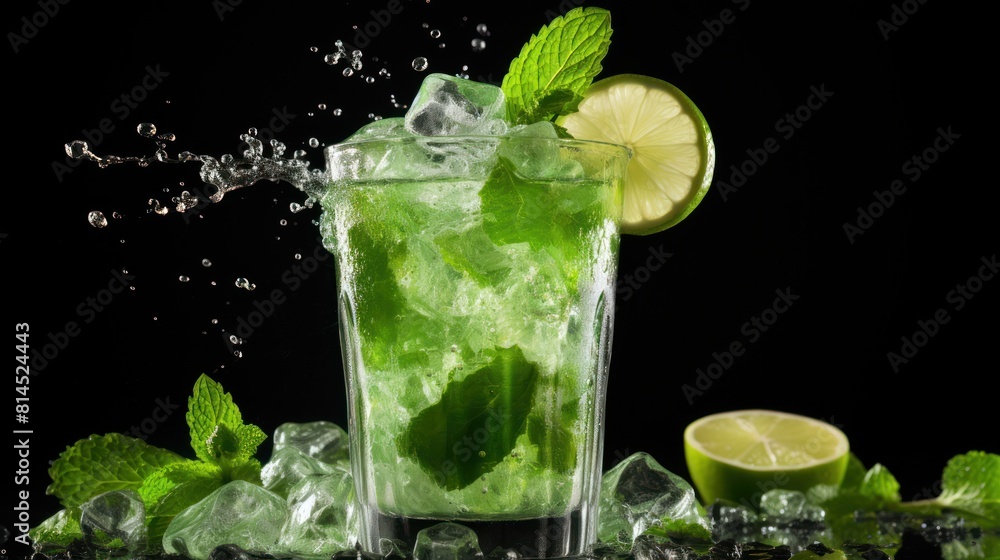 glass of cocktail with lime and mint. Fresh Mojito cocktail with lime, rosemary, mint and ice in jar glass. drink in freeze motion, drops in liquid splash. Summer cold drink glass of cocktail with lime and mint. Fresh Mojito cocktail with lime, rosemary, mint and ice in jar glass. drink in freeze motion, drops in liquid splash. Summer cold drink