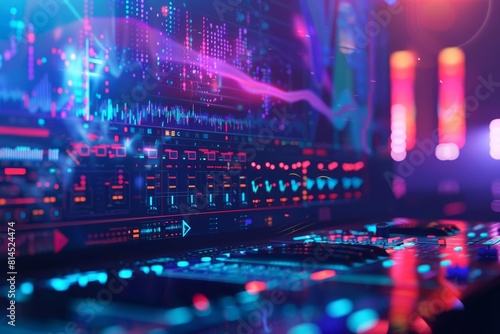 A closeup of a cuttingedge music composition and editing interface, with a blurred concert hall in the background, adorned with hitech hologram effects and futuristic colors