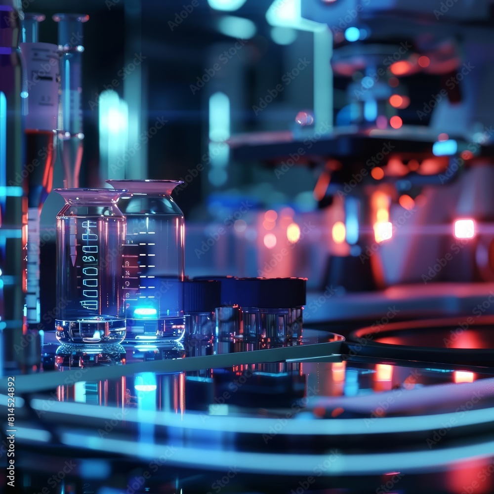 A closeup of a futuristic medical laboratory, blurred in the background, incorporating hitech hologram concepts with cinematic colors, topped with a sharpen banner for text