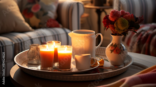 Romantic breakfast in bed with coffee rose flowers candles and coffee beans 