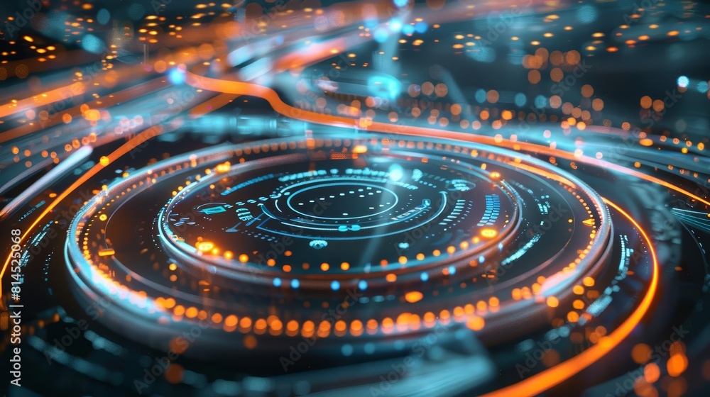 A closeup of a sleek, futuristic transportation hub interface, set against a blurred dynamic map background, featuring hitech hologram visuals and futuristic colors A closeup of a sleek, futuristic transportation hub interface, set against a blurred dynamic map background, featuring hitech hologram visuals and futuristic colors