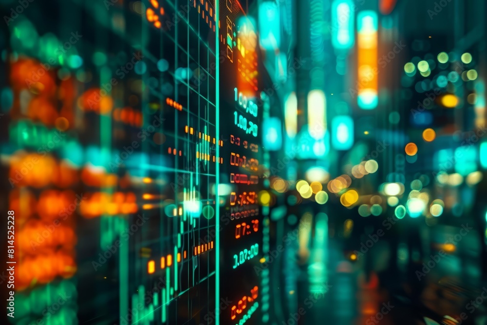 A closeup of a virtual global trading platform, displaying blurred stock market graphs in the background, with a hitech look and cyberpunk colors A closeup of a virtual global trading platform, displaying blurred stock market graphs in the background, with a hitech look and cyberpunk colors