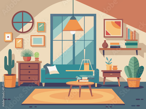 Living room interior. Comfortable sofa, window, chair, lamp, drawer and house plants. Vector flat illustration