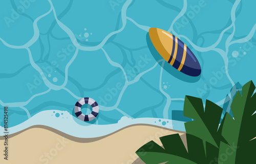 surfboard on the beach. flat lay beach summer background