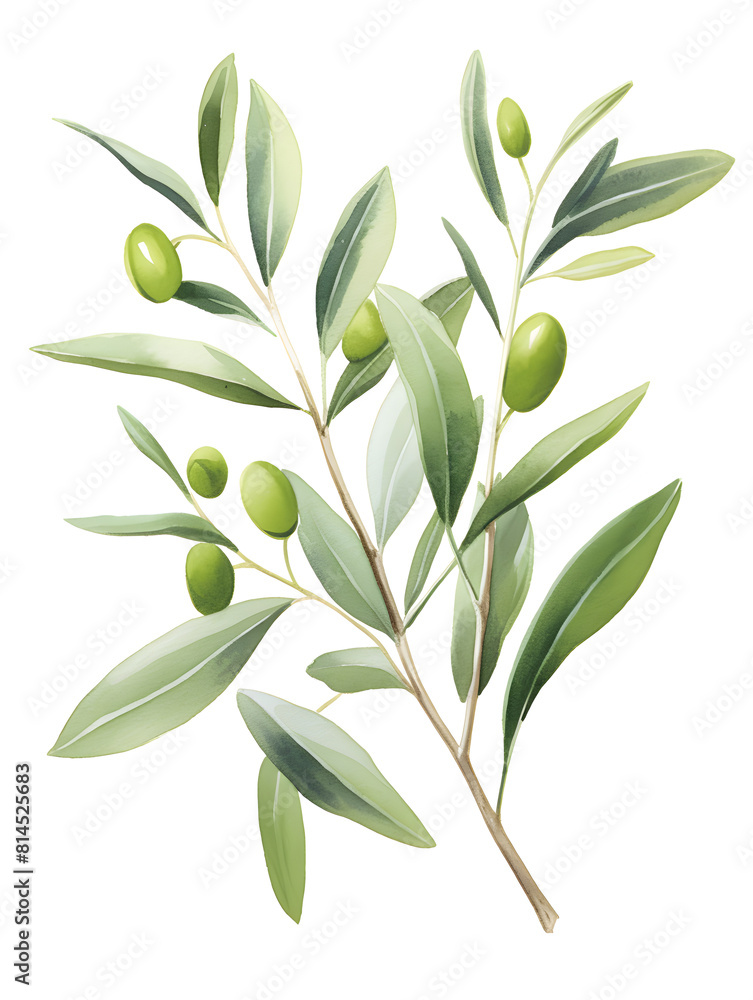 Watercolor illustration of a olive tree branch with green olives on white background 