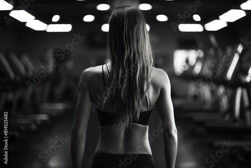 Photo, Determined Woman in Gym, Strength Training, Black and White,Woman's strength training, black and white close-ups.