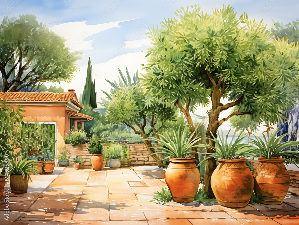 Fototapeta premium Watercolor illustration of a mediterranean terrace with plants and trees in terracotta pots