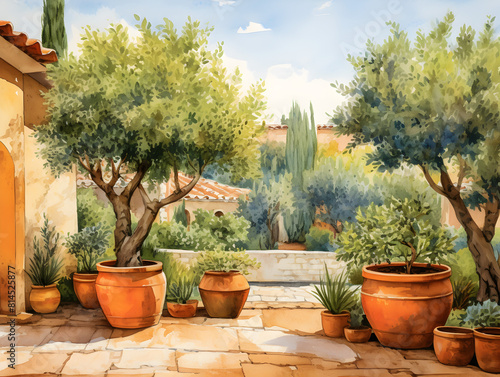 Watercolor illustration of a mediterranean terrace with plants and trees in terracotta pots  