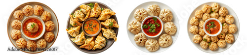 Momos dumplings with small bowl of sauce, in the plate, isolated transparent PNG, Indian, Nepal local traditional food, Cuisine
