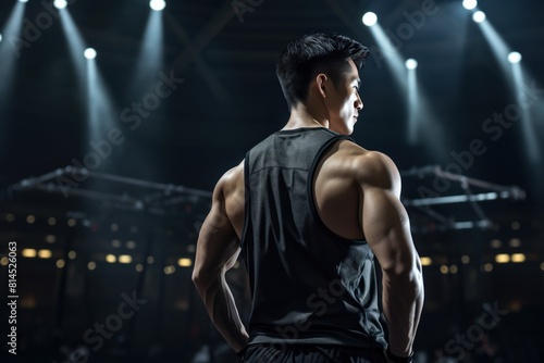 Rear view of healthy muscular young man. Silhouette of a strong fighter. Confident young fitness man with strong hands and clenched fists. Dramatic light.
