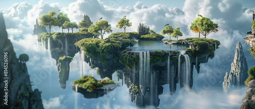 Dreamlike scene with floating islands covered in lush greenery, reflecting in calm, crystal-clear water. © Szalai