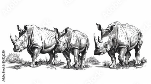 Three rhinos standing in grass  suitable for nature themes
