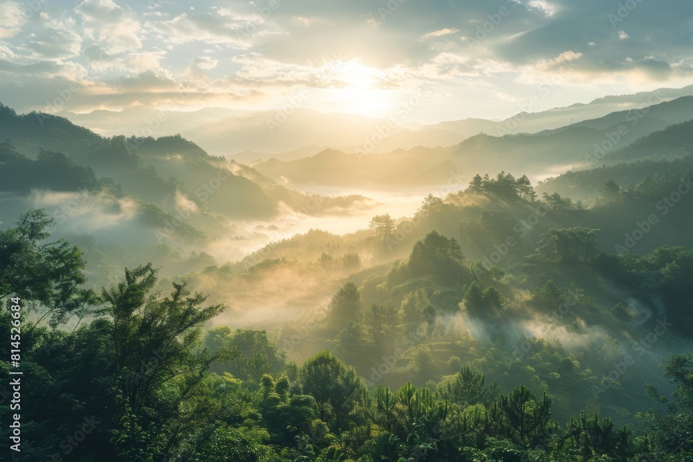 Sunrise Mist Over Lush Tropical Valley Sunrise Mist Over Lush Tropical Valley