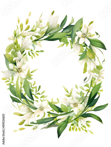 Watercolor wreath with green olive leaves and white flowers on white background 