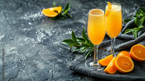 Refreshing orange mimosa cocktails on textured backdrop