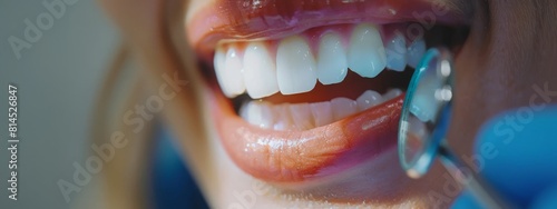 Banner perfect white teeth veneer smile with dental mirror close up.Dental care and stomatology.