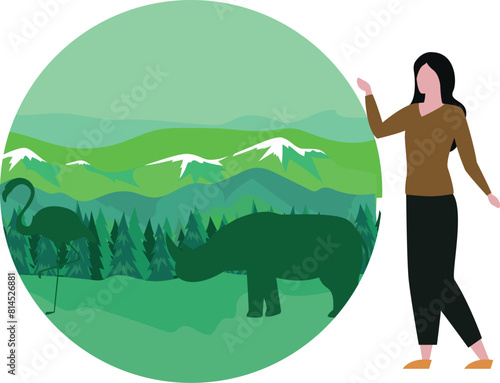 The girl is looking at the animals in the forest.