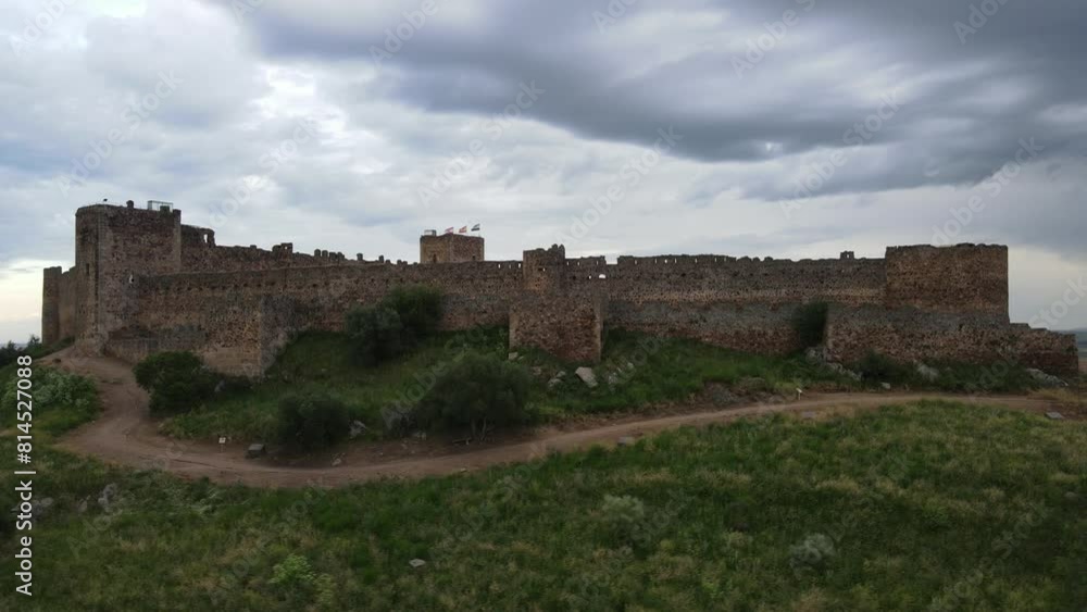 Aerial panoramic view of Medellin Castle, Badajoz. A historic fortress known for its strategic importance in various periods of Spanish history. Aerial panoramic view of Medellin Castle, Badajoz. A historic fortress known for its strategic importance in various periods of Spanish history.
