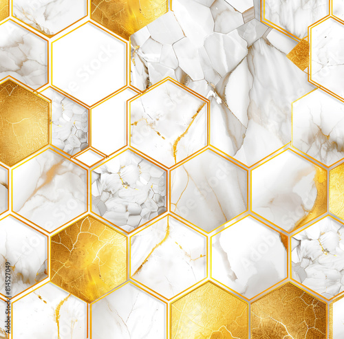 golden hexagons on a white marble background, luxury background for the presentation of an exclusive product