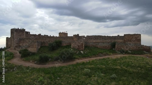 Aerial panoramic view of Medellin Castle, Badajoz. A historic fortress known for its strategic importance in various periods of Spanish history. photo