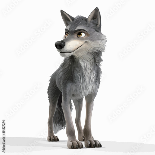 3D rendering of a cute wolf sitting isolated on gray background.